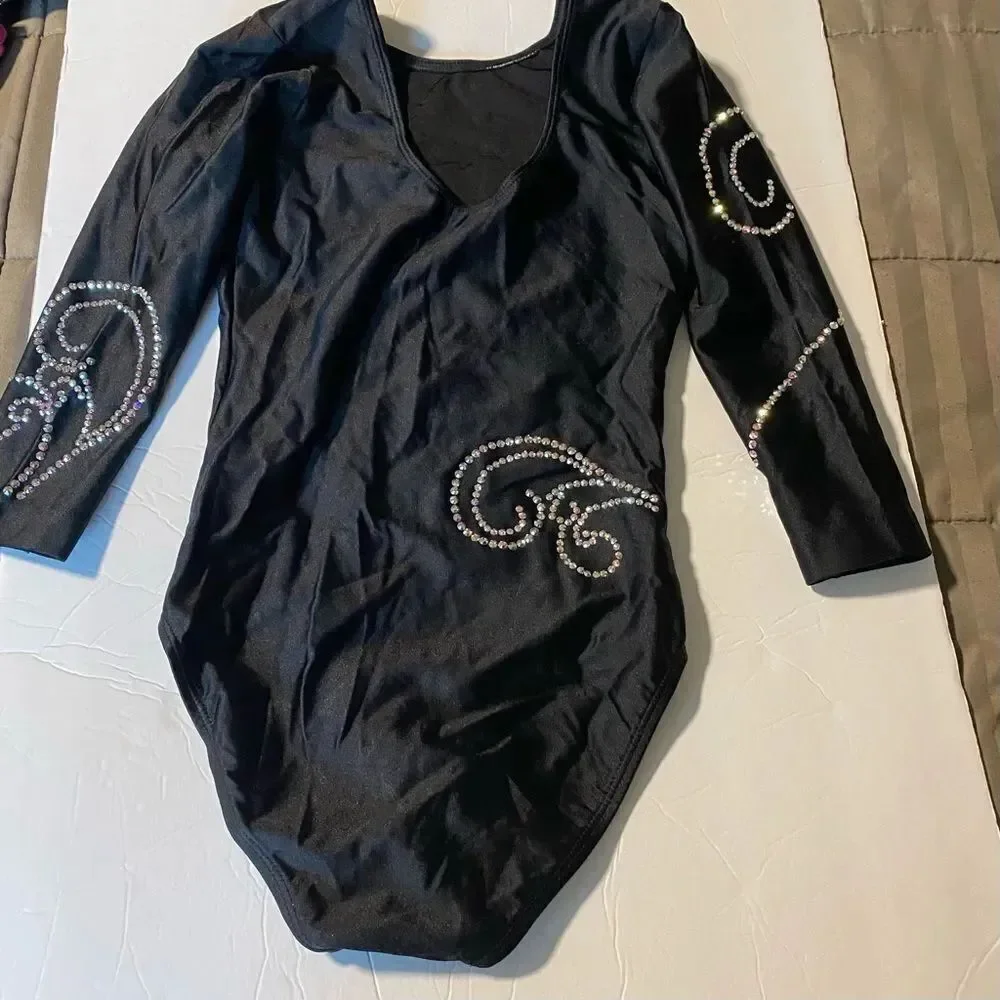 Ozone gymnastics black competition long sleeve custom leotard rhinestone SA